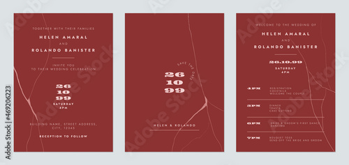 Luxury wedding invitation card set template design, cracked lines on red