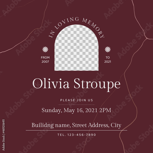 Memorial and funeral invitation card template design, dark red decorated with abstract lines
