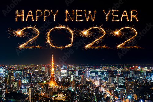 Photography 2022 happy new year fireworks over Tokyo cityscape at night, Japan