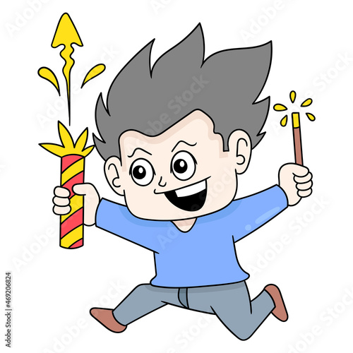 boy running around carrying firecrackers and fireworks celebrating the new year, doodle icon image kawaii