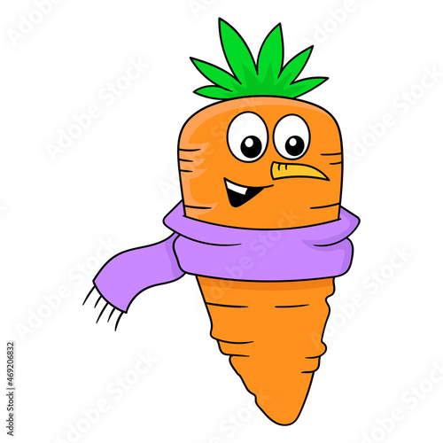 fresh carrot wearing a happy face scarf, doodle icon image kawaii