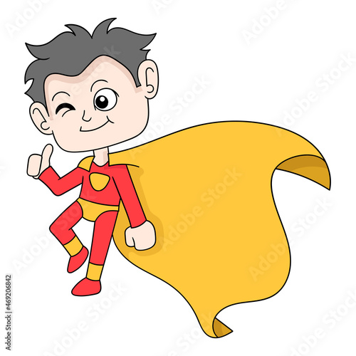 friendly superhero is flying say hello, doodle icon image kawaii