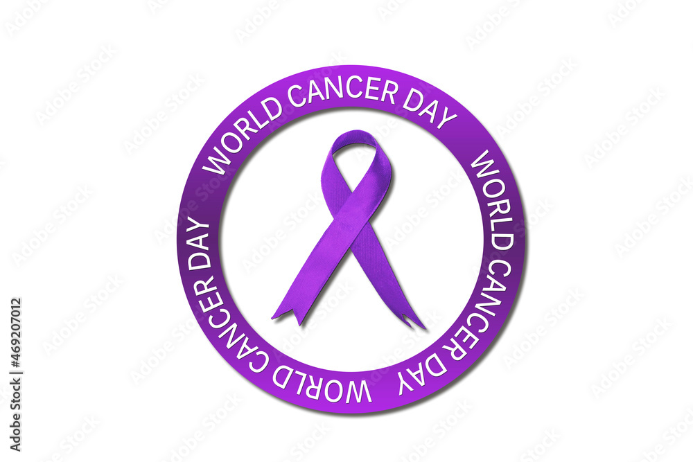 Image of purple ribbon with World Cancer Day text Image of purple ribbon with World Cancer Day text