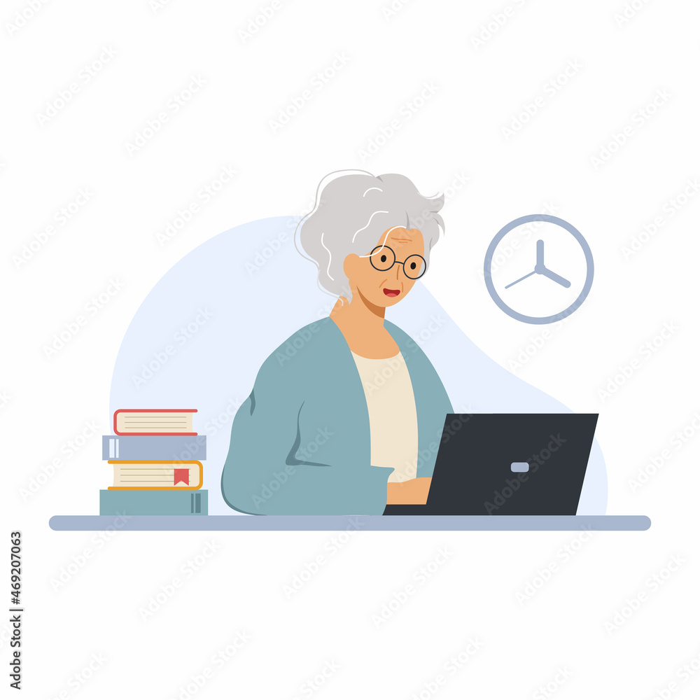 happy grandmother with laptop. Elderly woman is taking online course. Distance learning for all ages. happy grandmother with laptop. Elderly woman is taking online course. Distance learning for all ages.