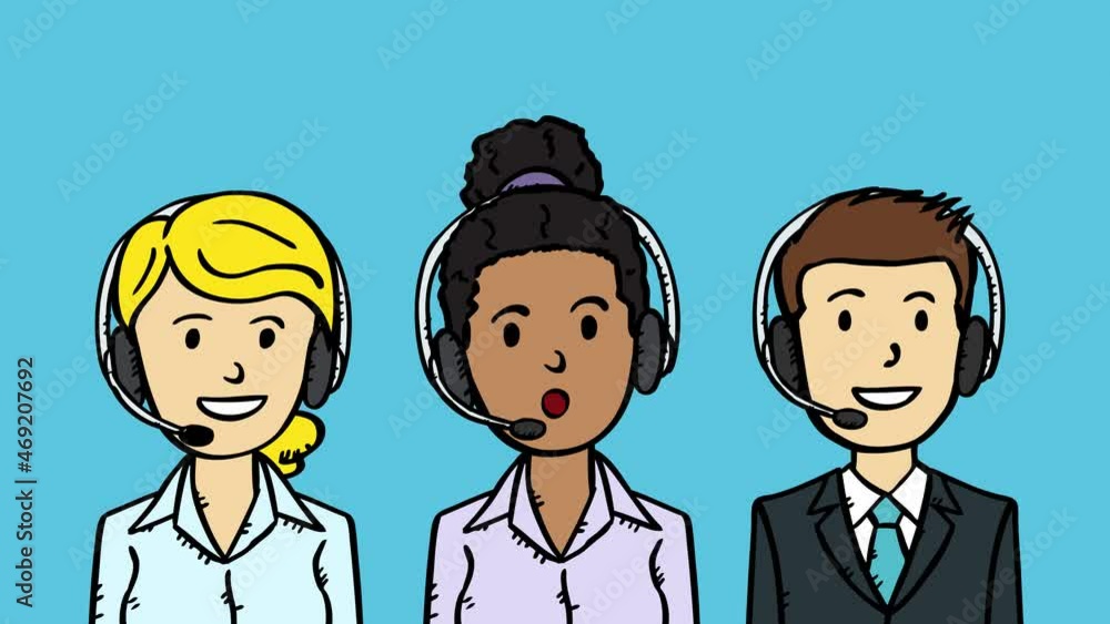 Video animation of customer support team with talking women in middle. 4k animation in doodle style. Video animation of customer support team with talking women in middle. 4k animation in doodle style.