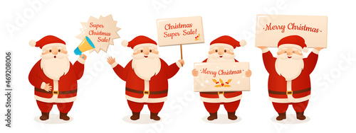 Christmas Santa Claus holding sign board or speaker. Funny character and banner merry xmas or advertisement informs about sale. Happy New Year congratulation placard. Design mockup postcard vector