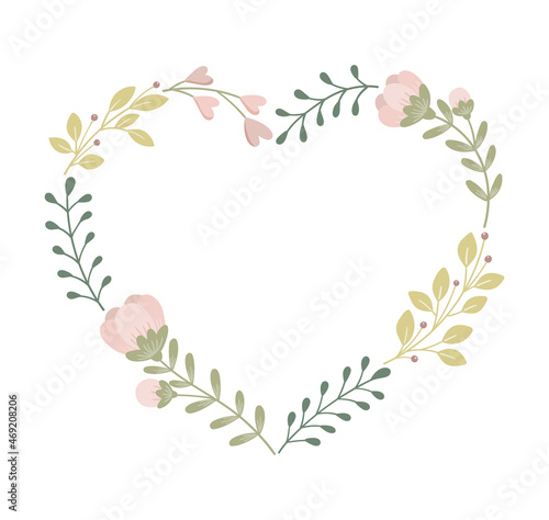 Floral heart frame. Decorative frame design with flowers and leaves. Hand drawn vector illustration.