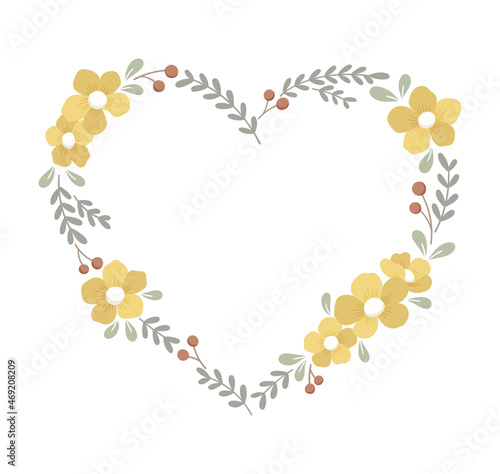 Floral heart frame. Decorative frame design with flowers, leaves, and berries. Hand drawn vector illustration.