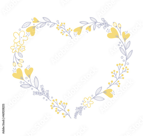 Floral heart frame. Decorative frame design with flowers, leaves, and berries. Hand drawn vector illustration.