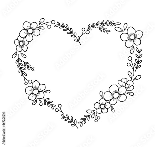 Floral heart shape frame. Decorative frame design with flowers and leaves. Hand drawn vector illustration.