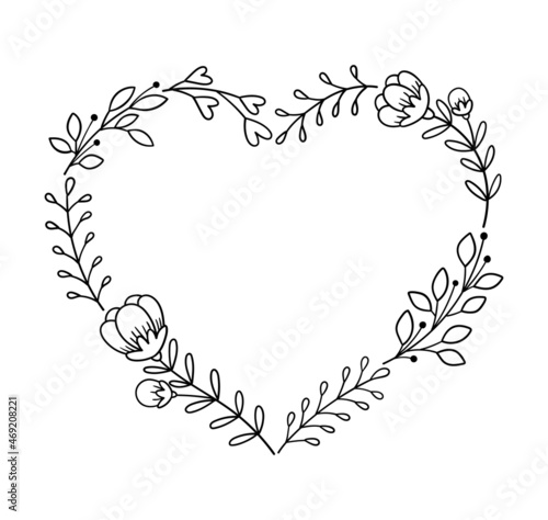 Floral heart shape frame. Decorative frame design with flowers and leaves. Hand drawn vector illustration.