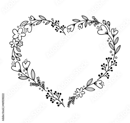 Floral heart shape frame. Decorative frame design with flowers and leaves. Hand drawn vector illustration.