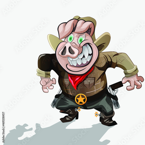 Illustration of a cowboy pig ready to shoot. Cowboy pig character. Pig holding gun. Funny cartoon. Farm animals