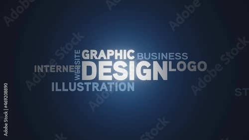 Graphic design kinetic typography with glossy white and light blue words on dark blue gradient background.