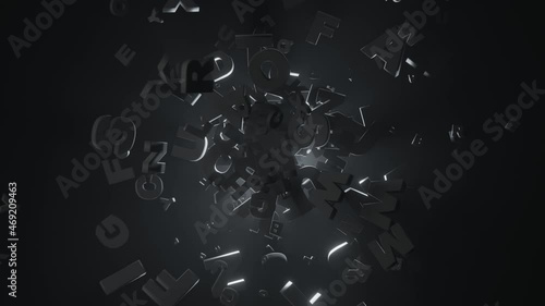 Flying letters from alphabet in random motion on dark environment with volumetric back lighting.