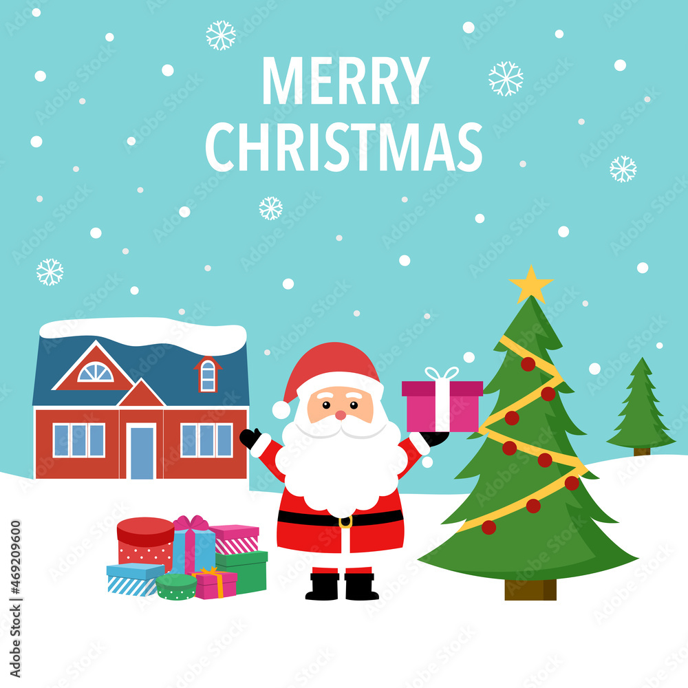 Santa Claus standing on snow and holding gift with snow flakes, house and Christmas trees on background in flat design. Merry Christmas concept vector illustration. Xmas holiday celebration. Santa Claus standing on snow and holding gift with snow flakes, house and Christmas trees on background in flat design. Merry Christmas concept vector illustration. Xmas holiday celebration.