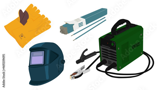 Set of a welding equipment - welding machine, mask, gloves, electrodes on a white background. Vector illustration.