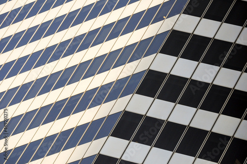 Black and white pattern made by the lines and windows from the facade of a building in San Francisco's downtown