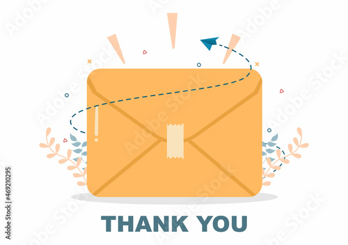 Email Thank You Banner flat illustration with Envelope Greeting Card and Text Thanks Vector Background