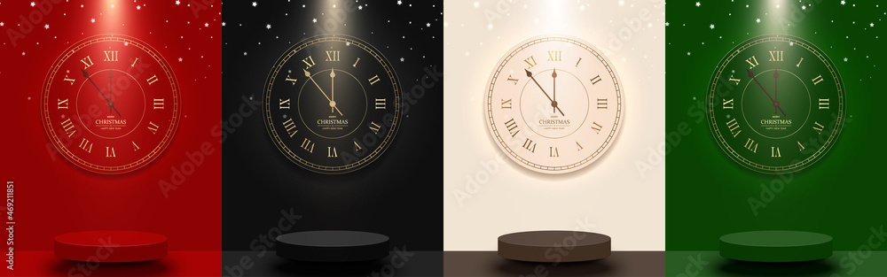 Set of red, black, brown, green Christmas scene background. Stage podium decor with times clock. Pedestal for product display. Vector illustration. - obrazy, fototapety, plakaty 