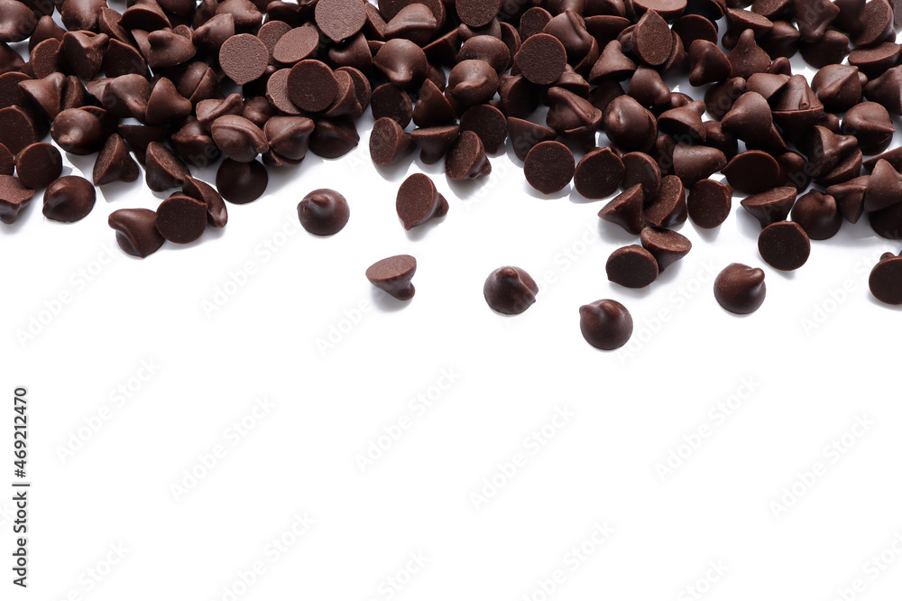 Chocolate chips morsels isolated on white background with copy space