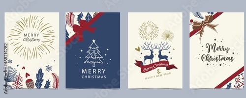 Collection of chritsmas background set with deer,firework,ribbon