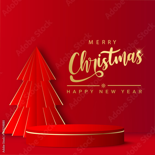 Happy New Year background with red podium and paper pine tree. Vector