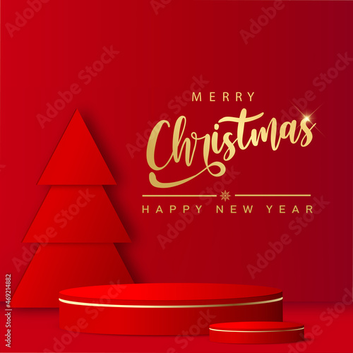 Happy New Year background with red podium and paper pine tree. Vector