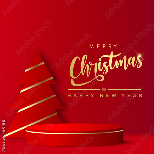 Happy New Year background with red podium and paper pine tree. Vector