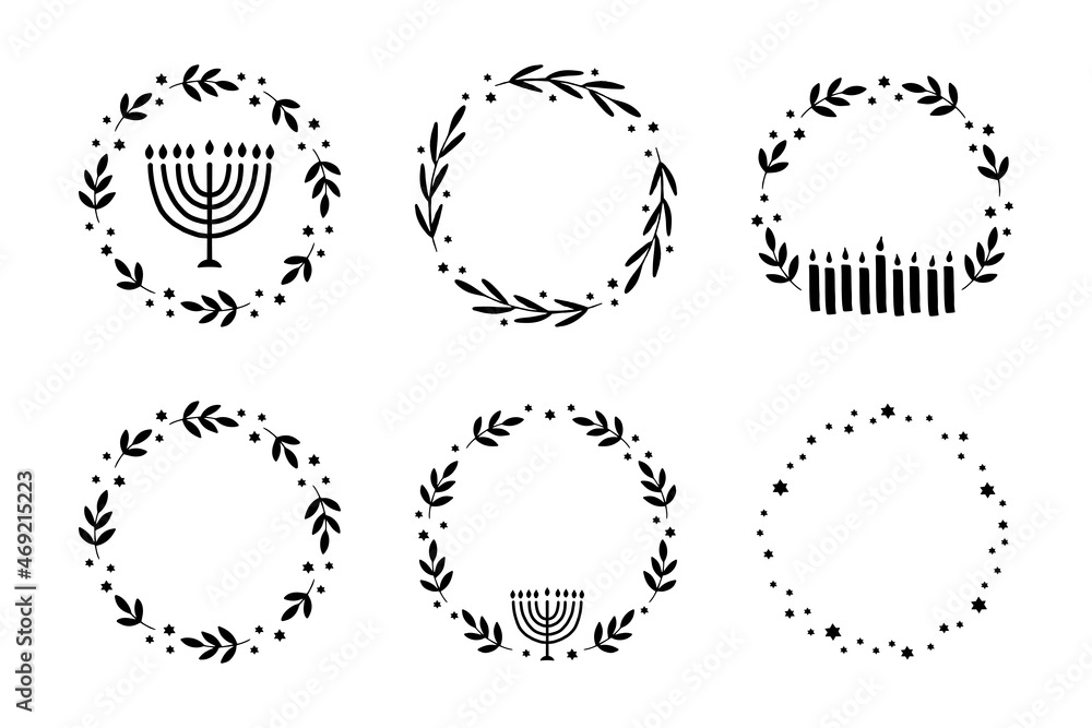 Obraz premium Hanukkah floral wreath with menorah, candle vector illustration set. Jewish holiday Chanukah typography. Hand-drawn festive party decoration. Hanuka greeting card with a traditional symbol.