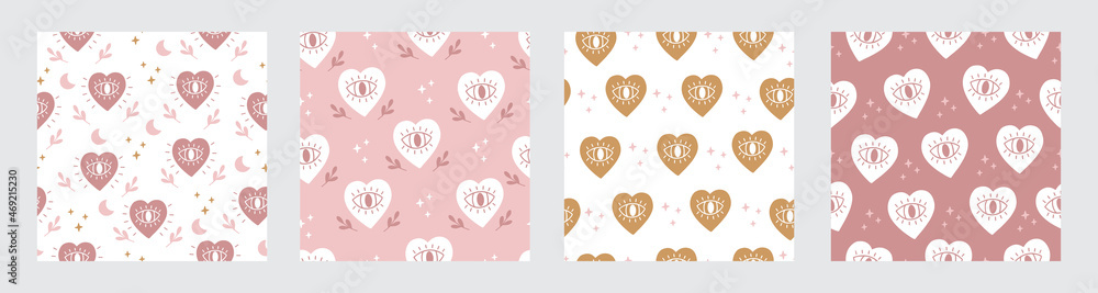 Seamless pattern set - magical seeing heart with third eye on white background. Occult esoteric mystic symbol. Alchemy vector illustration. Design for spiritual print, fabric, textile Seamless pattern set - magical seeing heart with third eye on white background. Occult esoteric mystic symbol. Alchemy vector illustration. Design for spiritual print, fabric, textile
