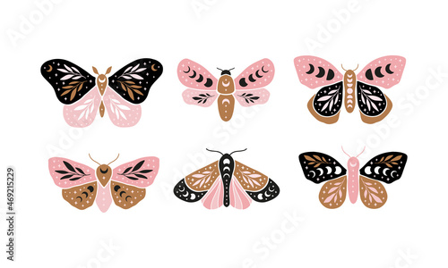 Celestial butterfly vector illustration set. Mystical luna moth with moon phases. Magic insect on white background. Design for boho poster, magical card, t shirt print, sticker.