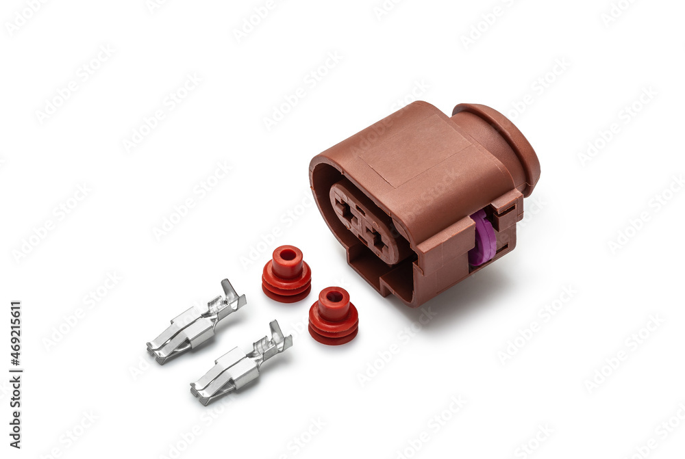 Connector for wiring. Spare part of the engine electrical system. Contact electrical connector isolated on white background