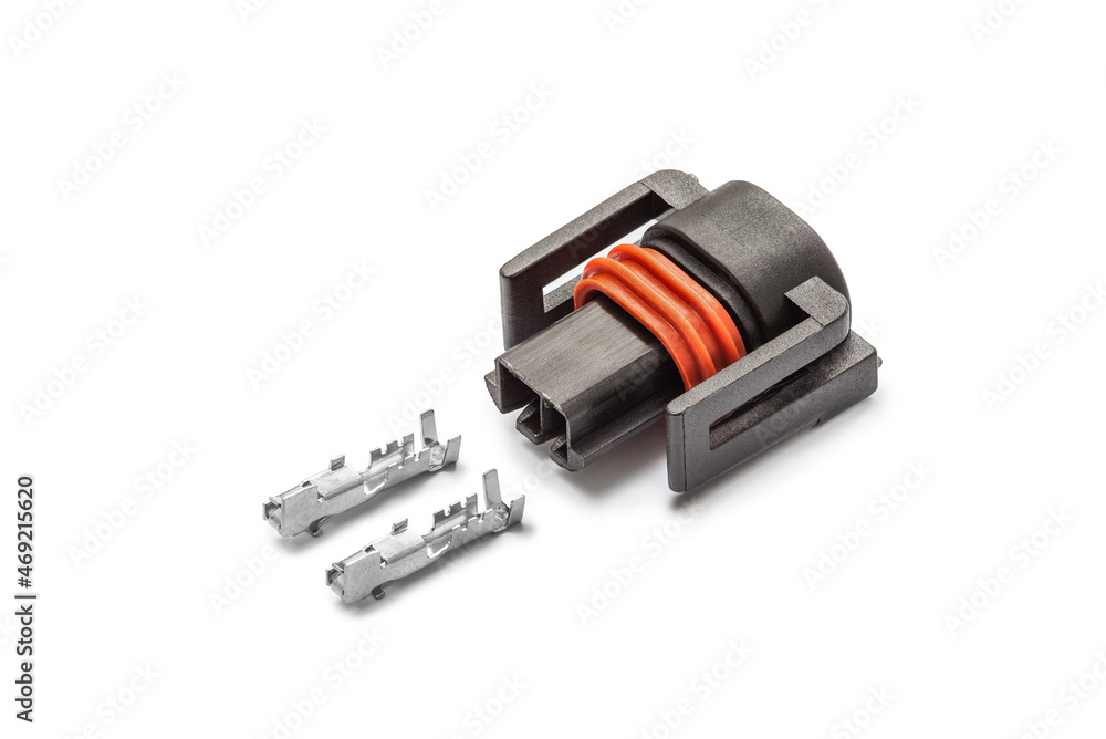 Connector for wiring. Spare part of the engine electrical system. Contact electrical connector isolated on white background