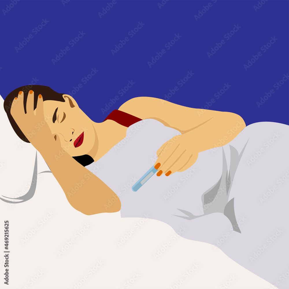 Girl with fever checking her temperature with a thermometer Girl with fever checking her temperature with a thermometer