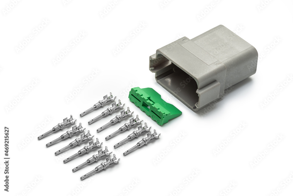 Connector for wiring. Spare part of the engine electrical system. Contact electrical connector isolated on white background