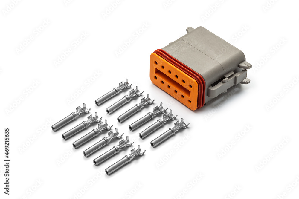 Connector for wiring. Spare part of the engine electrical system. Contact electrical connector isolated on white background