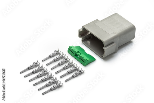Obraz na płótnie Connector for wiring. Spare part of the engine electrical system. Contact electrical connector isolated on white background w salonie