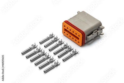 Obraz na płótnie Connector for wiring. Spare part of the engine electrical system. Contact electrical connector isolated on white background w salonie