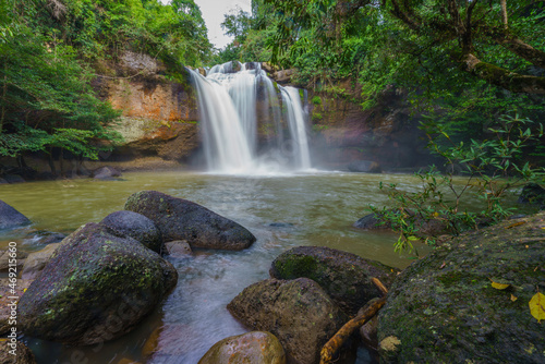 Beautiful waterfall with sunlight in jungle, Haew Suwat Waterfall at khao yai Nakhonratchasima province
