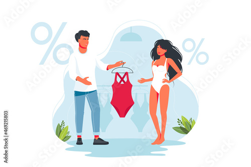 sales assistant helps the buyer to choose a swimsuit, dress. consultant gives the woman a swimsuit to try on. Shopping, buying trendy fashionable clothes. Vector. Boyfriend or husband buys girl things