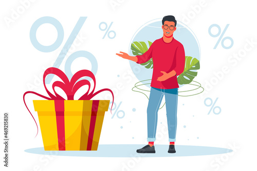 discount, sale. man holding big percent sign. boy are holding big percent sign. Discounts on goods, promotions. Keep discounts. Financial interest. Increase, decrease in price. Vector illustration.