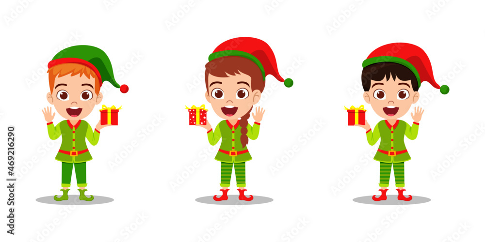 Cute beautiful kid boys and girl character wearing Christmas outfit and waving colorful and holding gift boxes Cute beautiful kid boys and girl character wearing Christmas outfit and waving colorful and holding gift boxes