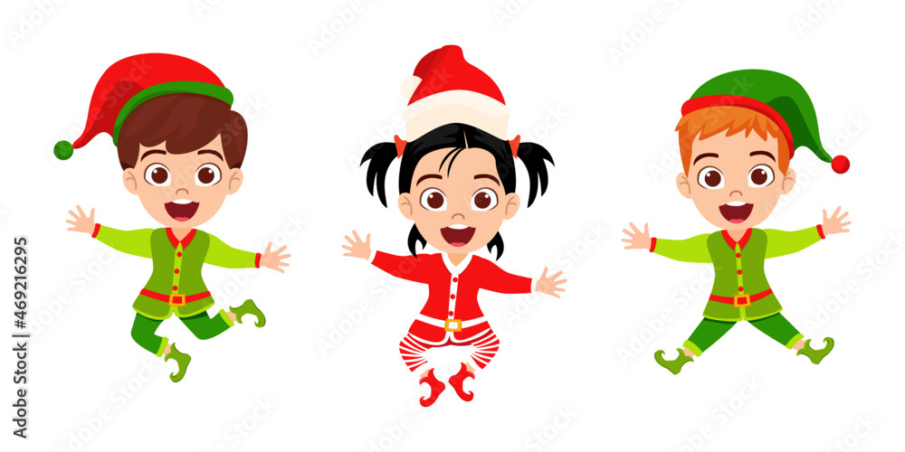 Cute beautiful kid boys and girl character wearing Christmas outfit and waving colorful and jumping on air sky