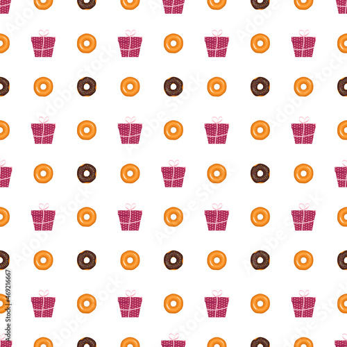 Seamless pattern from glazed donuts and gift box with ribbon. Sweet baking print and present for birthday, holiday and party. Vector flat illustration of dessert and food