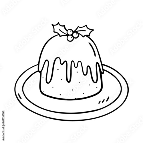 Traditional Christmas pudding with holly berry on a plate isolated on white background.Vector hand-drawn illustration in doodle style. Perfect for holiday designs, cards, decorations, logo, menu.