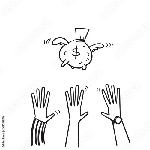hand drawn doodle money bag with wings and hands trying to reach it illustration