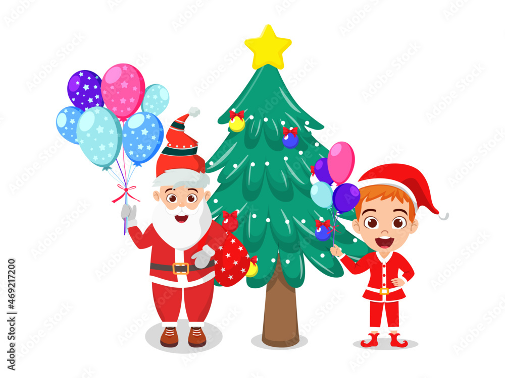 Cute beautiful Santa character and kid boy wearing Christmas outfit and waving colorful and holding gift boxes and balloons and waving and with Christmas tree Cute beautiful Santa character and kid boy wearing Christmas outfit and waving colorful and holding gift boxes and balloons and waving and with Christmas tree