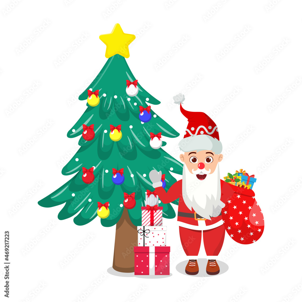 Cute beautiful Santa character wearing Christmas outfit and waving colorful and holding gift boxes and with Christmas tree