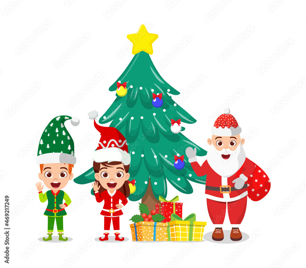 Cute beautiful kid boy and girl character and Santa character wearing Christmas outfit and waving colorful and holding gift boxes and waving Cute beautiful kid boy and girl character and Santa character wearing Christmas outfit and waving colorful and holding gift boxes and waving